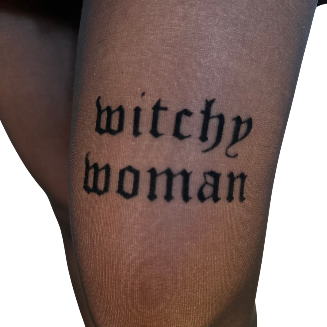 Witchy Woman Print Sheer Black Tights