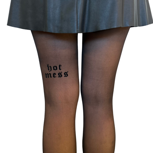 Hot Mess Print Sheer Black Tights