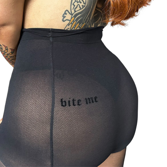 Bite Me Print Sheer Black Tights